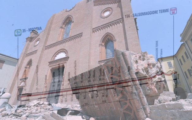 Il duomo di Mirandola devastato dal terremoto e, in trasparenza, laltimetria della decima tappa (tg24.sky.it)