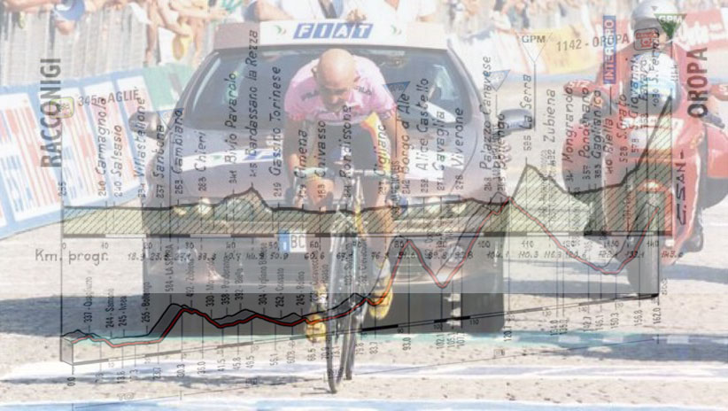 Pantani taglia il traguardo di Oropa e, in trasparenza, le altimetrie delle tappe del 1999 e del 2014 (www.lastampa.it)