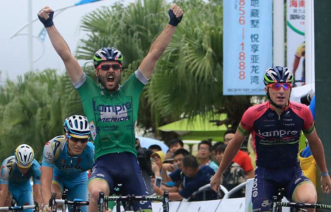 Doppia esultanza in casa Lampre grazie a Palini e Bonifazio, primo e secondo al traguardo di Sanya (foto Guoqiang Song)