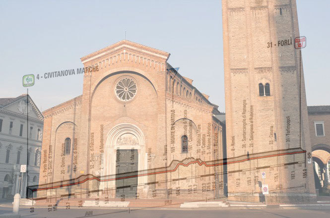 Forlì, l’abbazia di San Mercuriale e, in trasparenza, l’altimetria della decima tappa del Giro 2015 (boscoloilviaggio.it)