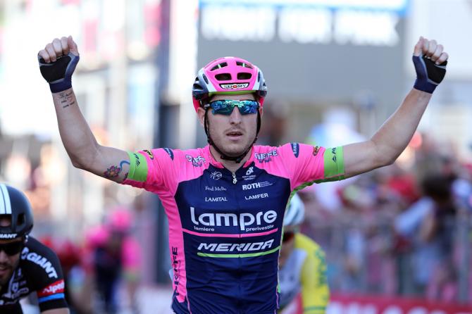 Modolo a segno nella tappa numero 17 del Giro dItalia 2015: è il quarto successo per la Lampre Merida in questa edizione della corsa rosa  (foto Bettini)