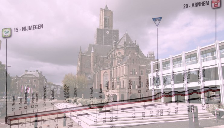 La chiesa di Sant’Eusebio ad Arnhem e, in trasparenza, l’altimetria della terza tappa del Giro 2016 (ronaldpuma.files.wordpress.com)