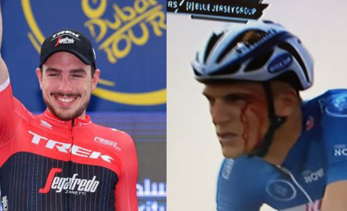 A sinistra Degenkolb sorridente sul podio di Al Aqah, a destra Kittel ferito da Grivko