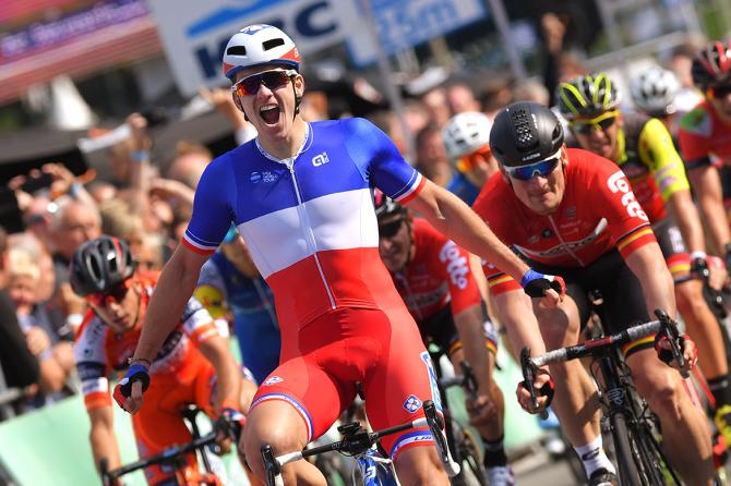 Arnaud Démare fa ottimo sfoggio della sua maglia di campione nazionale sul traguardo della Brussels Cycling Classic (Tim de Waele/TDWSport.com)