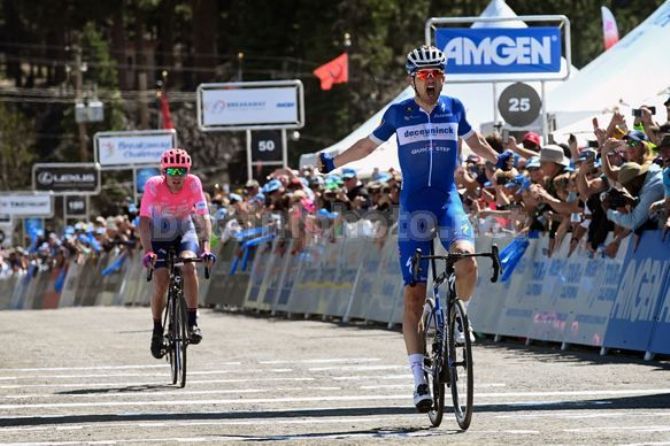 Kasper Asgreen precede di un soffio Tejay van Garderen sul traguardo di South Lake Tahoe (foto Bettini)