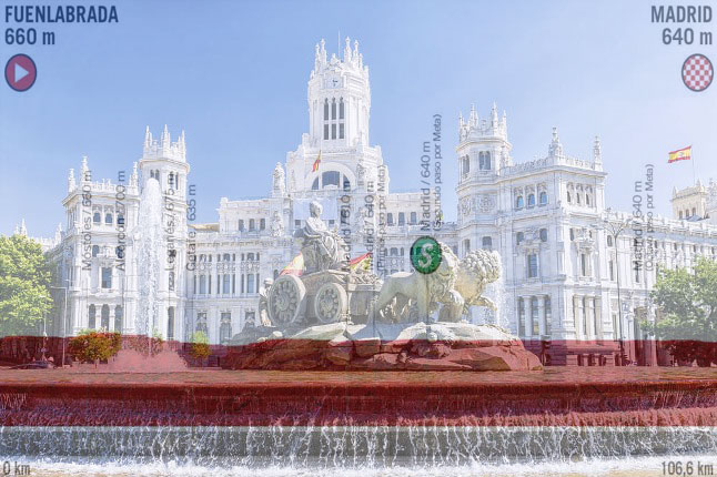 Plaza de Cibeles e, in trasparenza, l’altimetria della ventunesima tappa della Vuelta 2019 (miviaje.com)