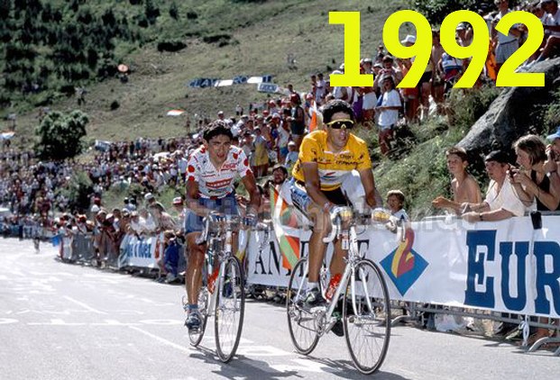 Indurain e Chiappucci affiancati sulla salita dellAlpe dHuez, il giorno dopo limpresa del Diablo nel tappone del Sestriere (foto Bettini)