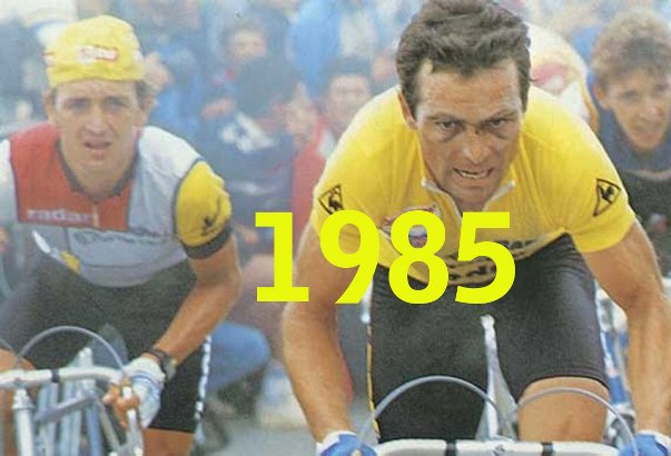 Con il naso ancora segnato dalla frattura al setto rimendiata qualche giorno prima, Hinault arranca sulla salita di Luz-Ardiden ma riesce a difendere la sua maglia gialla