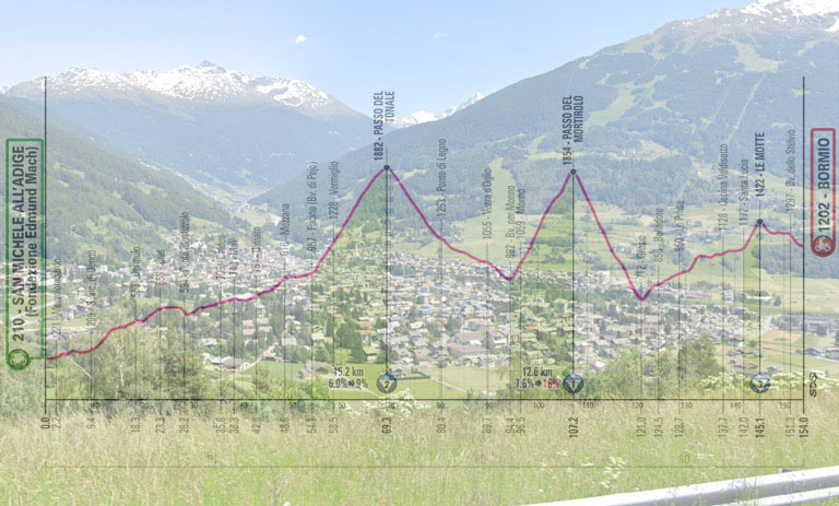 Bormio vista dalla salita delle Motte e l’altimetria della diciassettesima tappa (Google Street View)